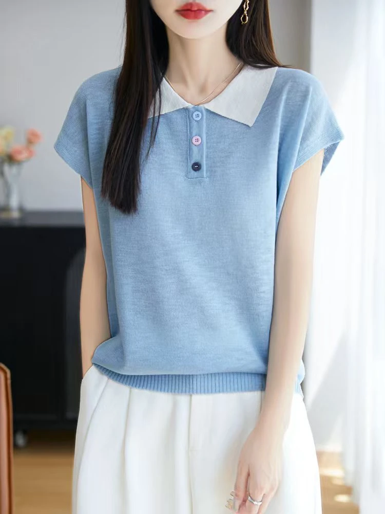 【原版原创】撞色POLO领小飞袖短袖翻领减龄显瘦夏季百搭