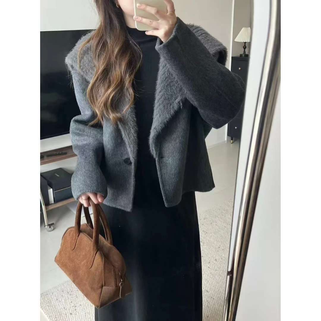 【海军领短毛呢】新款灰色简约短款双面呢羊毛大衣外套