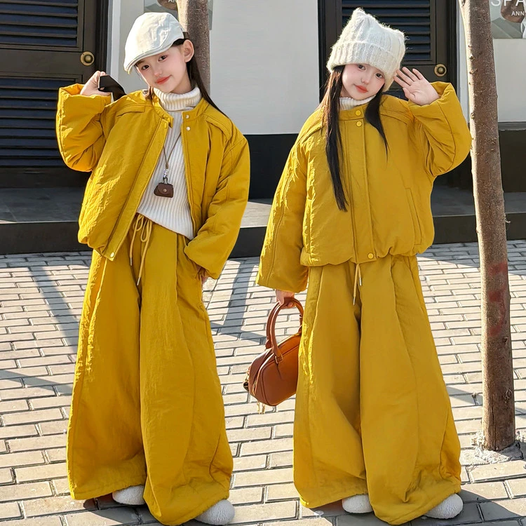 女童2025新款秋冬季夹棉保暖加厚棉服外套休闲阔腿裤韩版两件套潮