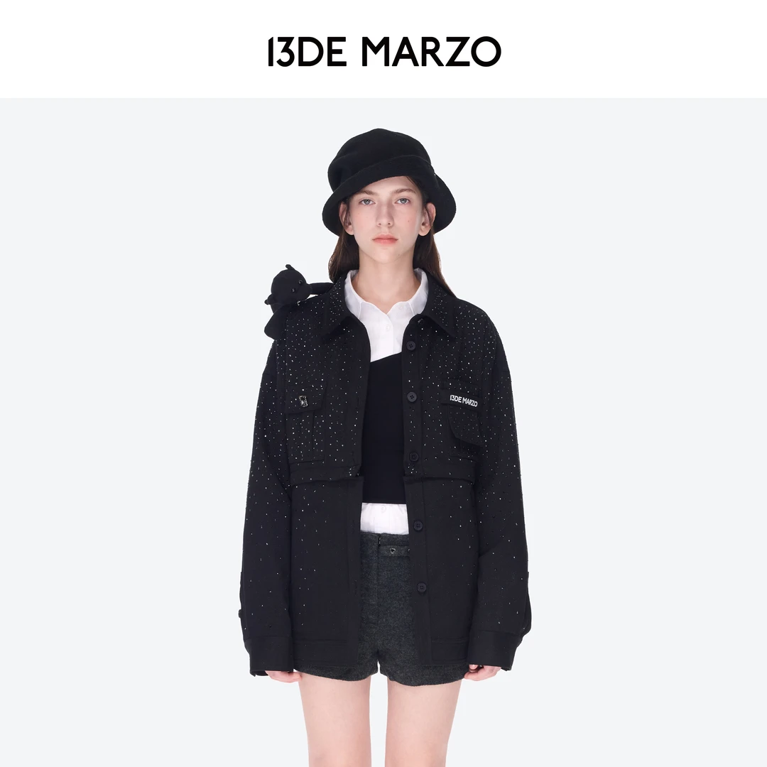 13DE MARZO男女同款 2026早春新款满身钻工装衬衫翻领上衣外套