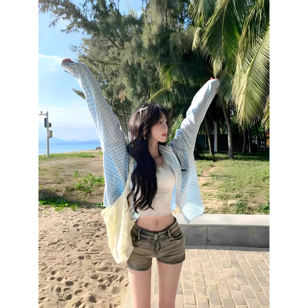 美式覆古蓝色格子衬衫春秋衬衣2025新款韩系防晒休闲上衣薄款外套