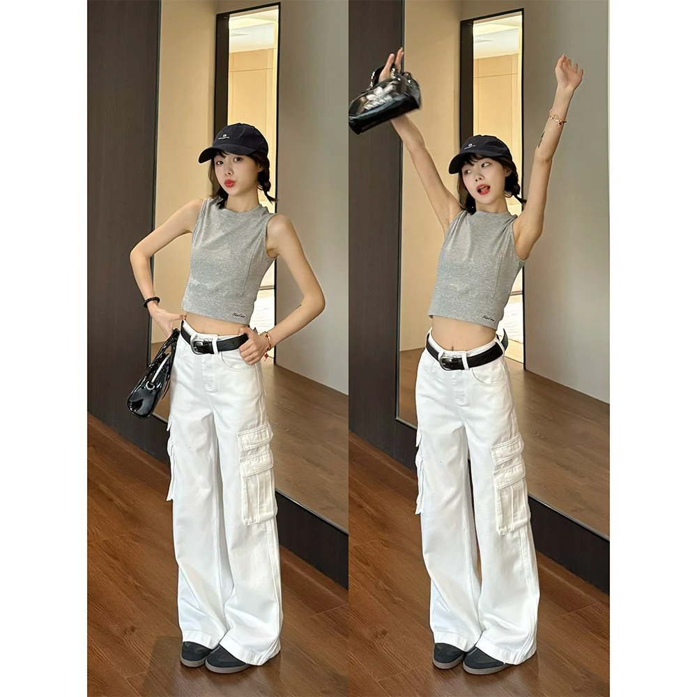 王家有鱼工装阔腿裤女春夏季宽松显瘦宽松牛仔裤美式穿搭68012