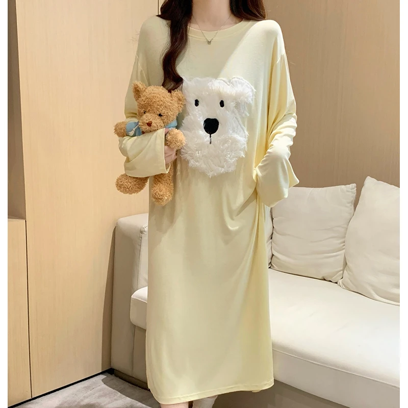 睡裙女款春秋季小性感毛绒刺绣狗狗长袖甜美奶油风宽松中长款睡衣