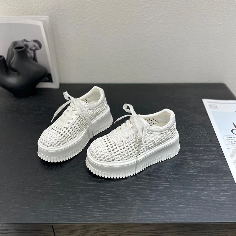 2025夏季新款小个子6cm松糕底系带透气渔网鞋镂空百搭轻便休闲鞋