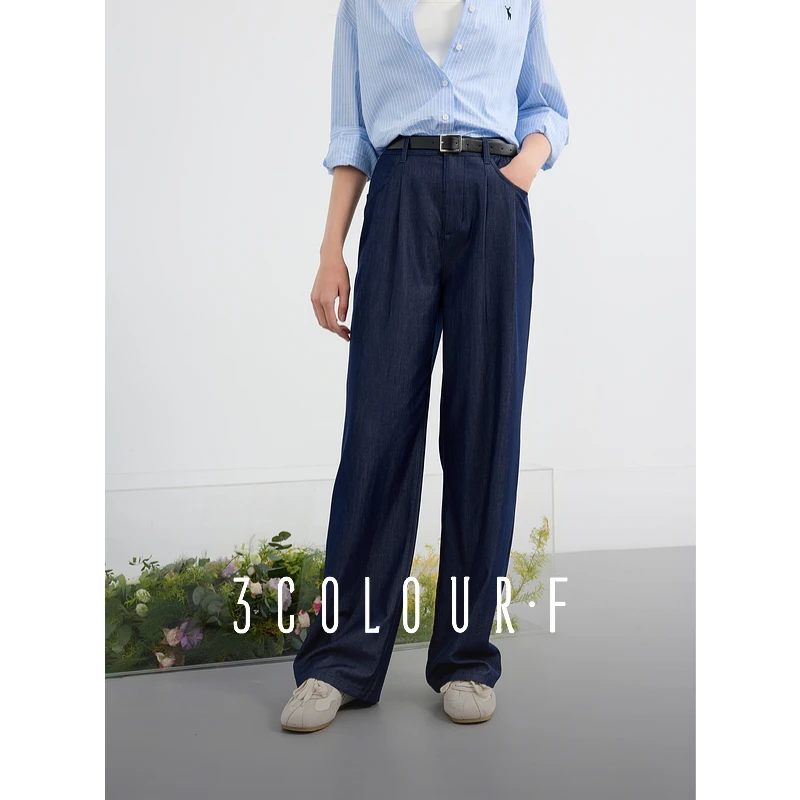 三彩女装独醒2025秋季新款牛仔裤高腰宽松直筒阔腿裤休闲长裤F