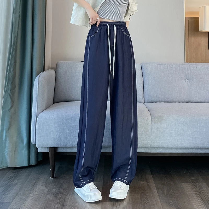 藏青色仿牛仔裤女2025年夏季新款小个子高腰垂顺宽松直筒阔腿裤子