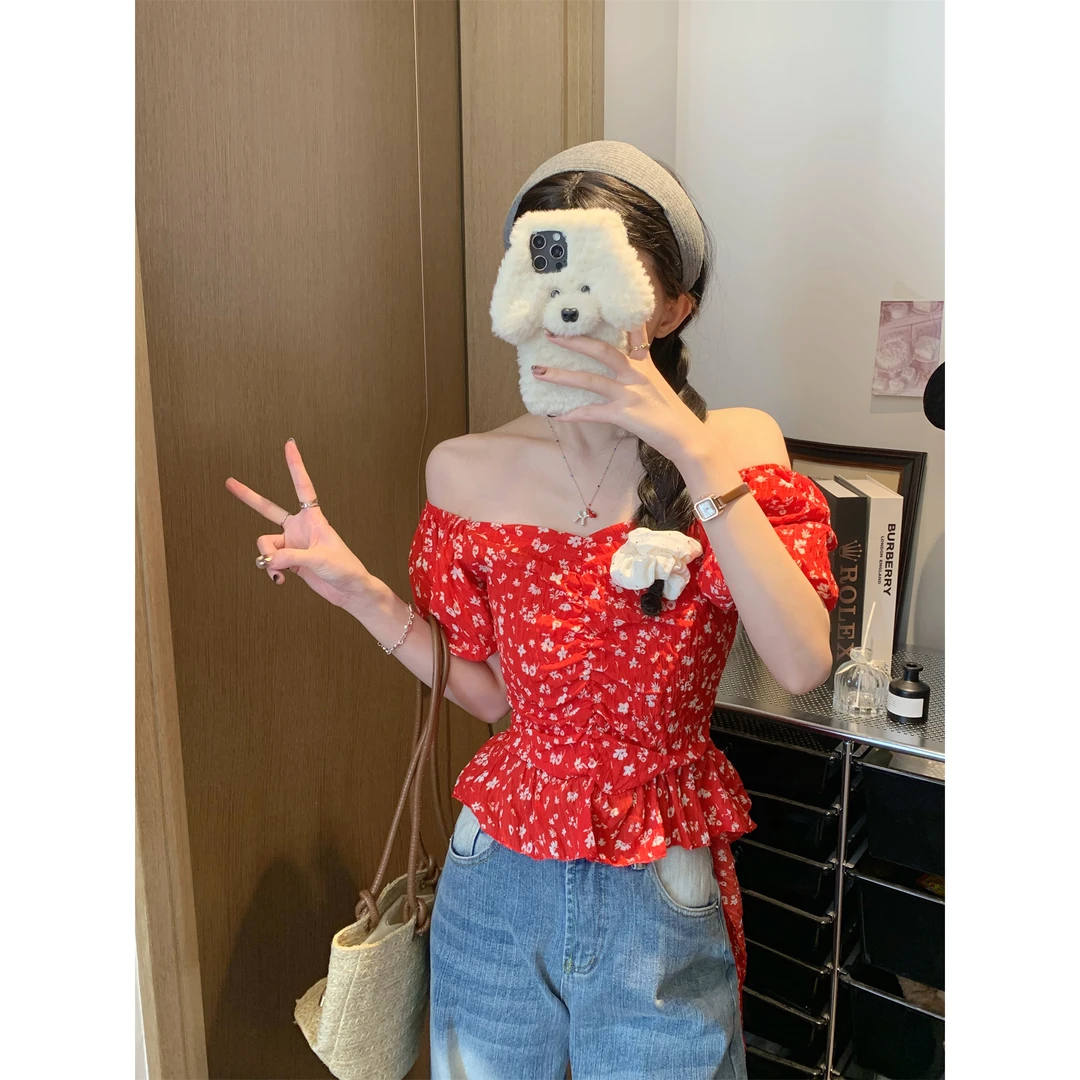 小众设计感收腰褶皱小众ins风雪纺衫气质碎花短款泡泡袖女常规款