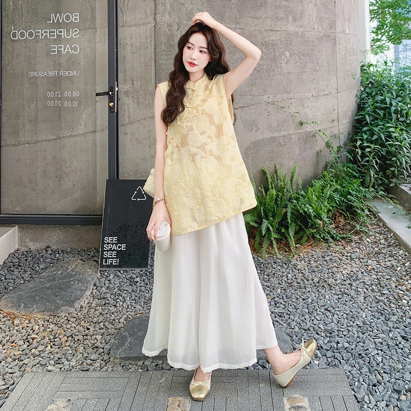 新中式国风提花盘扣无袖背心套装女夏2025新款高级感阔腿裤两件套