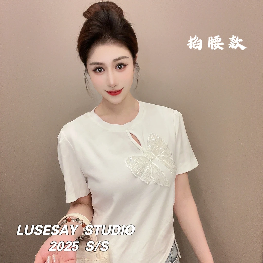 LUSESAY 不规则开衩亮片蝴蝶 夏季2025新款短袖t恤女百搭掐腰上衣