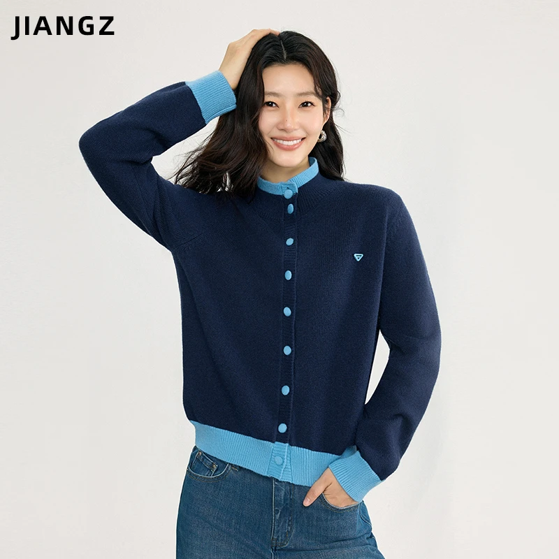 江洲【凌海】秋冬毛衣开衫时尚新款撞色假两件设计款亲肤羊毛半高领