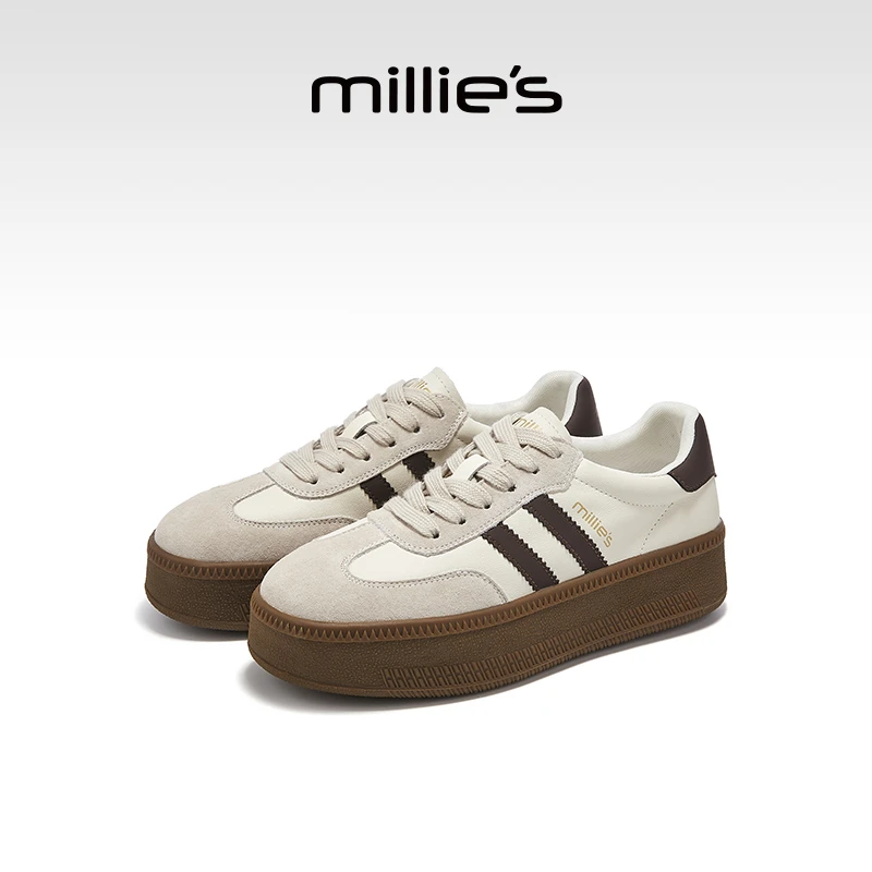 MILLIE'S/妙丽圆头厚底复古条纹撞色拼接设计时尚休闲小白鞋秋季