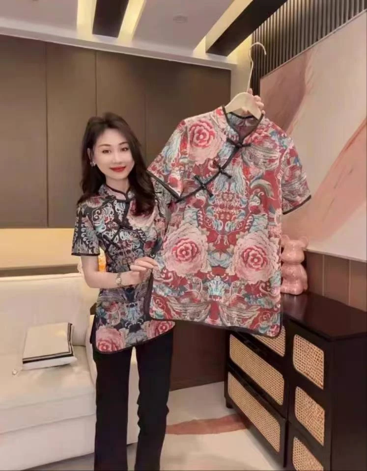 新中式立领国风衬衫女2025春夏新款爆款斜襟盘扣上衣印花国风衬衫