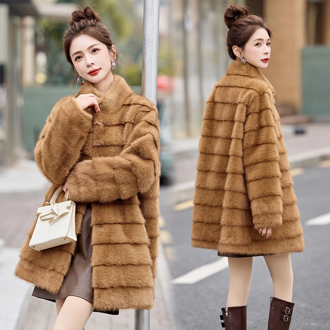 高级感环保水貂仿皮草外套女冬装新款阔太太咖色减龄皮毛一体大衣