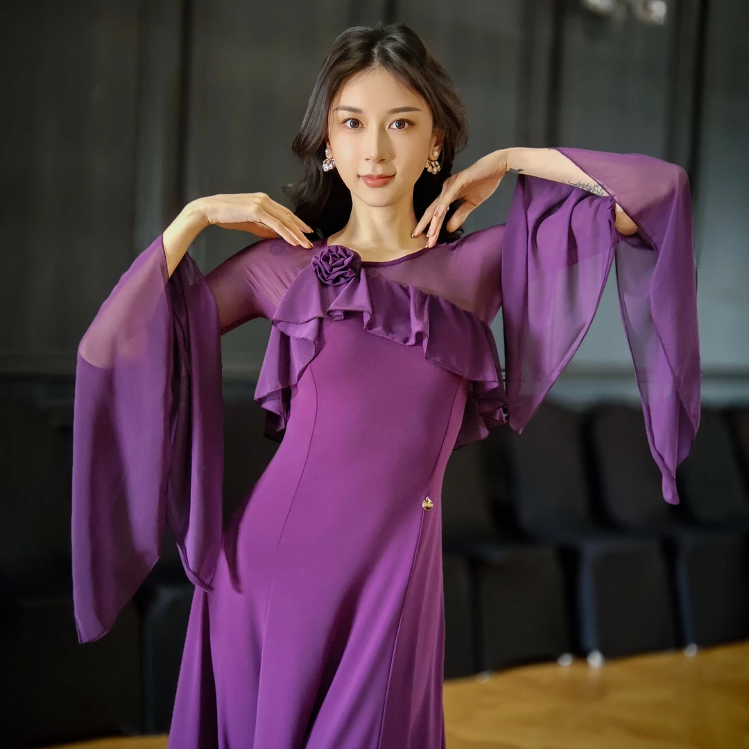 丹珍国标连衣裙25年新款女交谊舞摩登表演舞跳舞网纱大摆裙M3-5