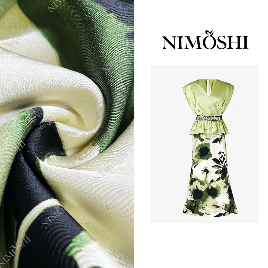 NIMOSHI莎莎夏季清新薄荷绿水墨印花束腰减龄显瘦连衣裙Q1979