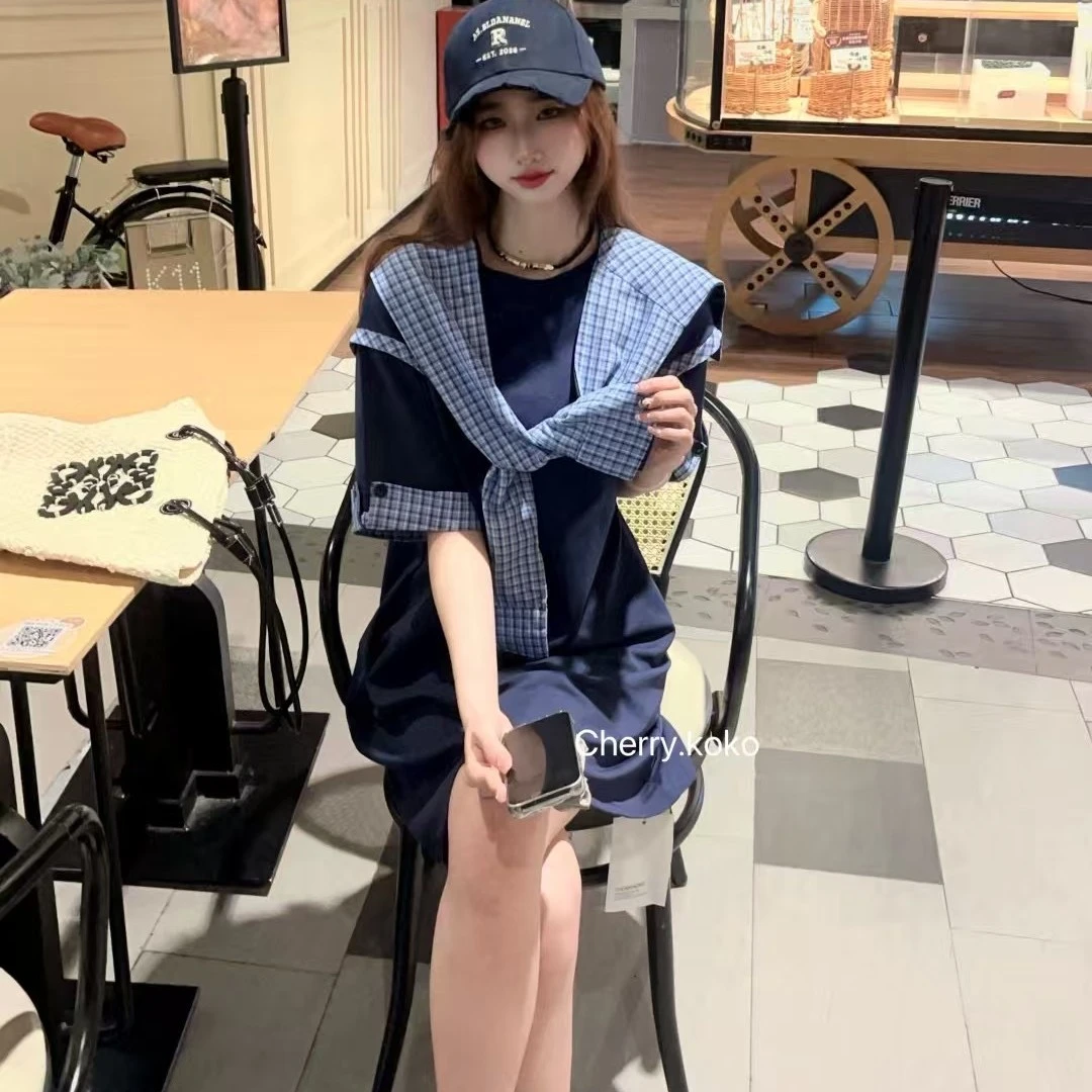 （龙爷轻奢）格子拼接假两件披肩简约夏季新款连衣裙