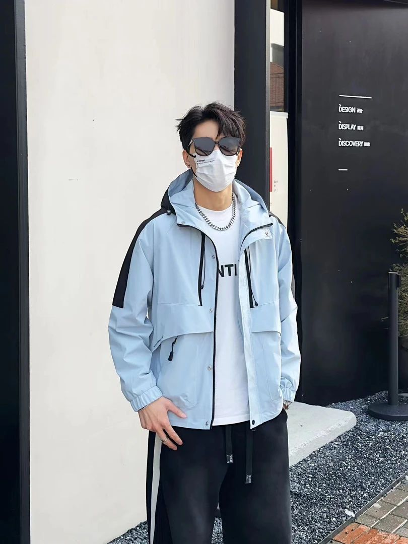 蓝色#潮休闲男外套流杭州设小众计师户外休闲工装夹克#CJ8805