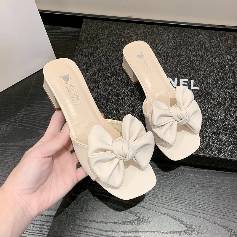 韩版粗跟拖鞋女夏外穿时尚仙女风蝴蝶结一字拖百搭中跟女士凉拖鞋