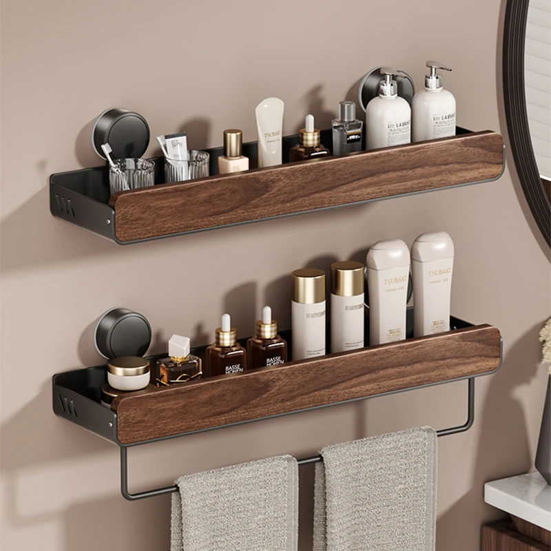 中古风胡桃木吸盘收纳置物架浴室卫生间洗漱台免打孔收纳架壁挂式