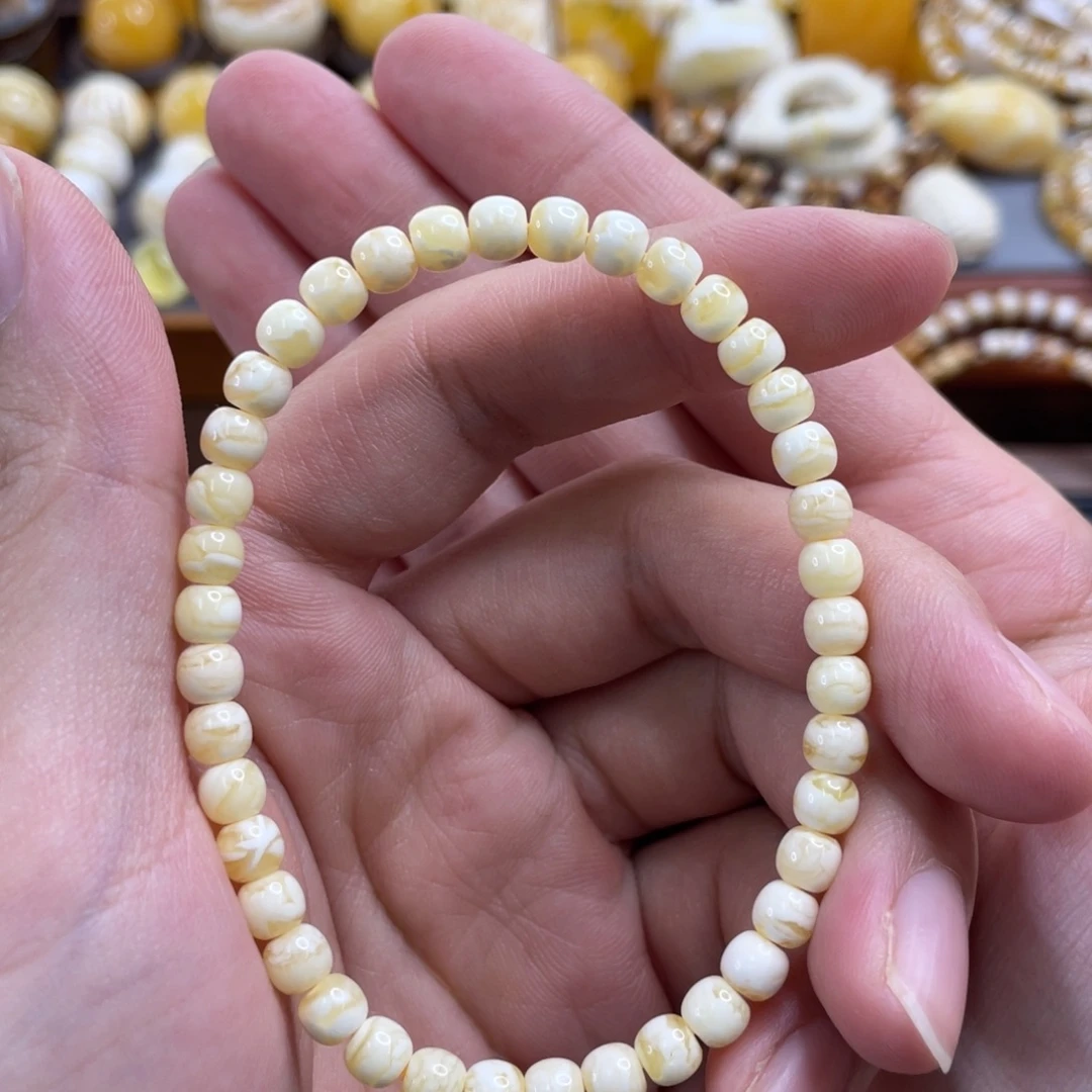 琥珀未镶嵌裸石5毫米瓷白虎纹老型手串