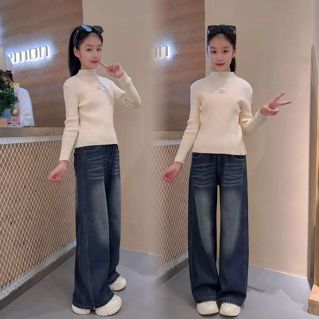 女童加绒裤子套装童装儿童百搭针织长袖毛衣休闲加绒牛仔裤套装