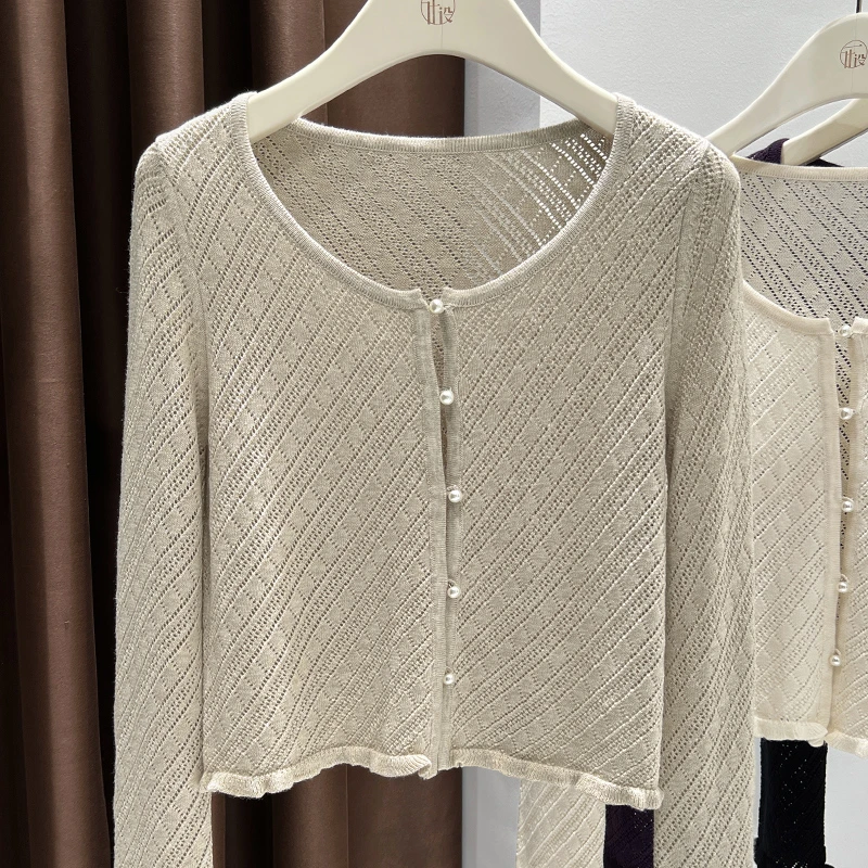 卡其色短款宽松长袖针织衫2025秋季新款设计感镂空薄款纯色外套