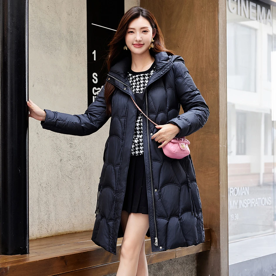 茜舞羽绒服女款时尚休闲百搭连帽简约设计师保暖过膝【53W262】