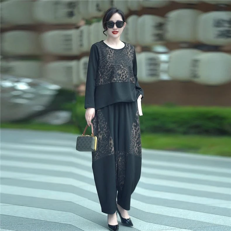 819高品质阔太太撞色两件套秋季加肥宽松遮肉上衣哈伦裤时髦套装