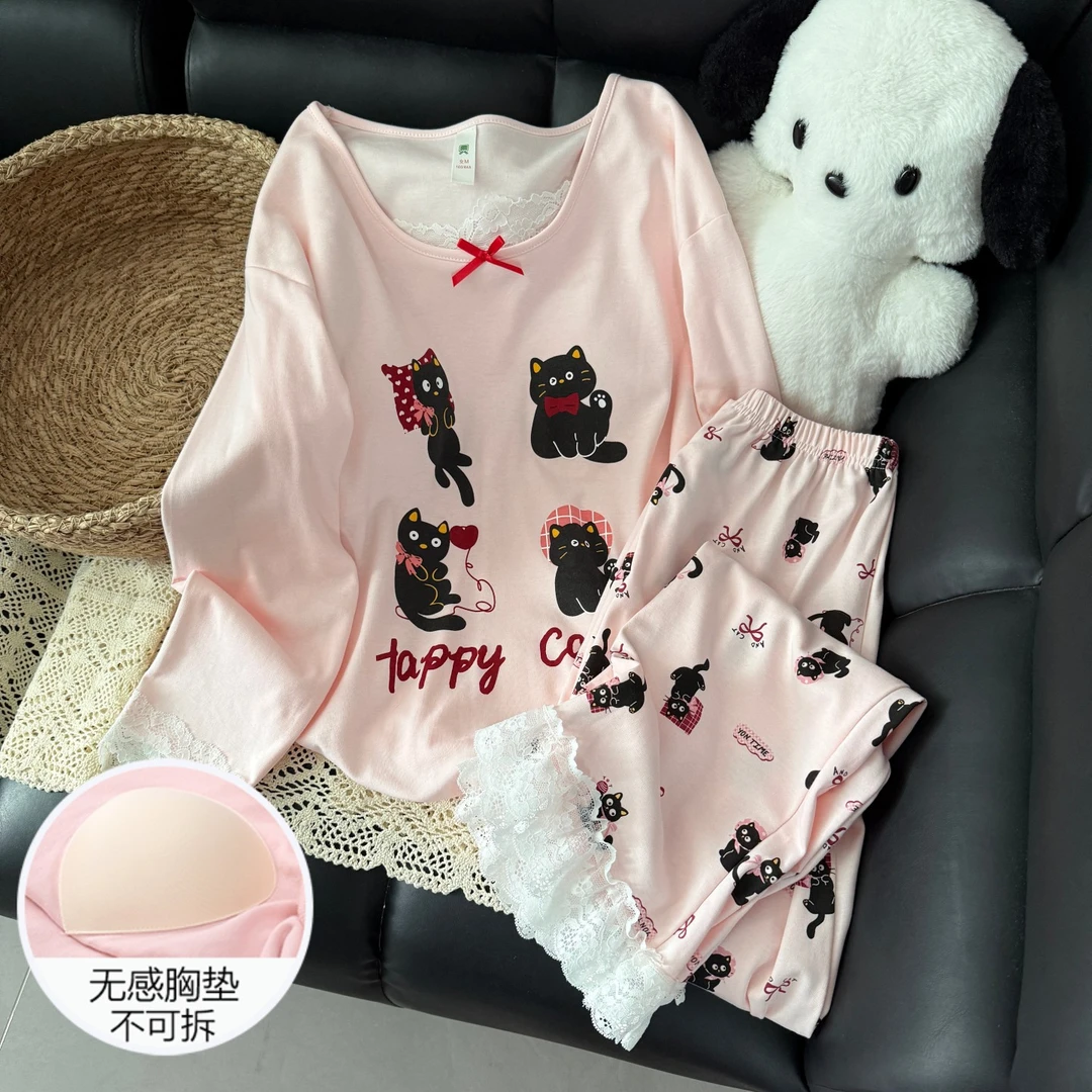 睡衣女春秋季长袖大码加密精梳棉带胸垫2025新款粉黑猫套装家居服