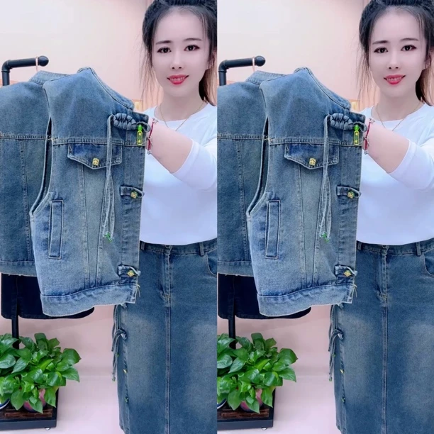 2025早春新款新中式盘扣马甲半身裙牛仔三件套长袖洋气时尚套装女