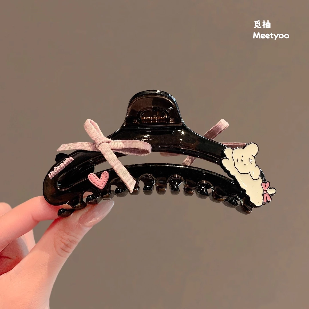 韩系小狗蝴蝶结盘发夹透黑色抓夹新款甜酷大号后脑勺鲨鱼夹女百搭