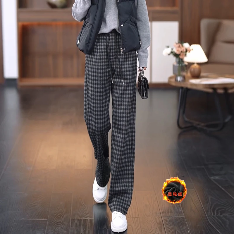 拉夏贝尔2025秋冬新款加绒保暖格纹阔腿裤高腰宽松显瘦直筒裤