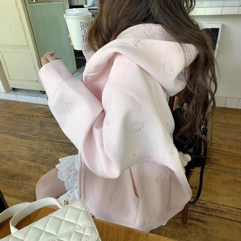 韩系粉色Kitty猫咪刺绣卫衣外套女秋冬款纯欲风甜美拉链连帽开衫