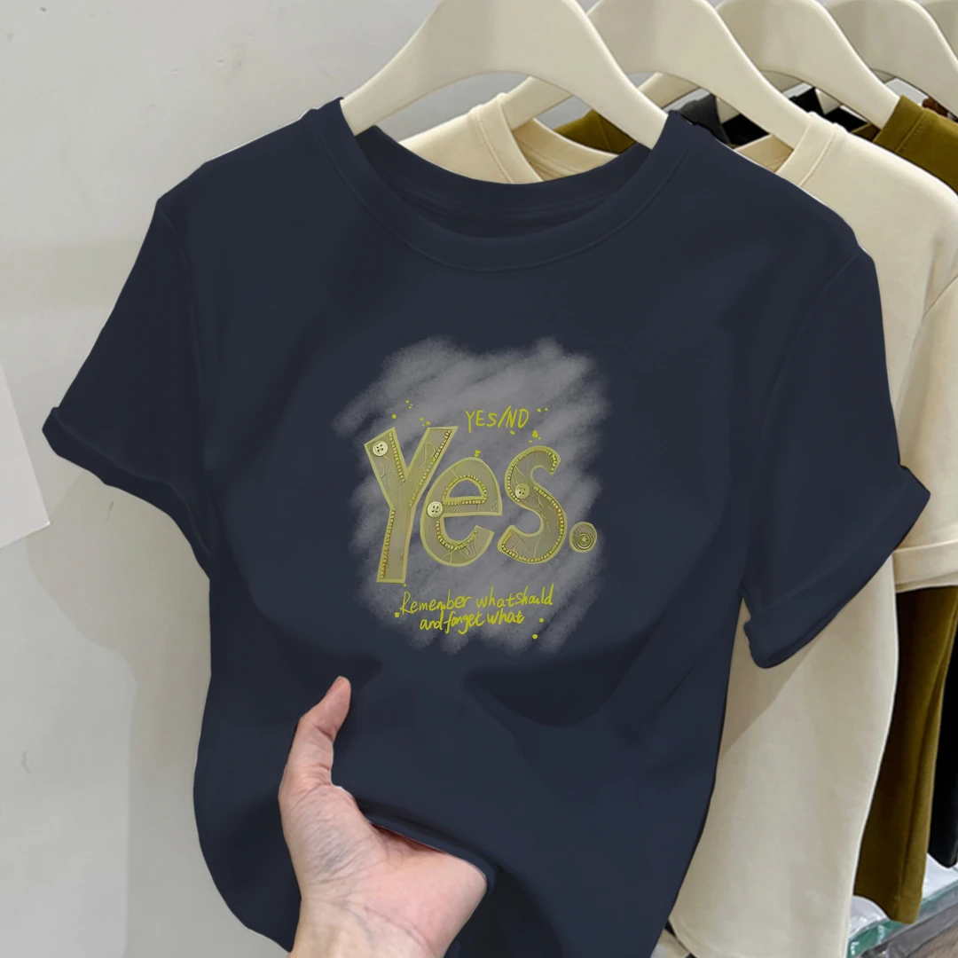 2025新款圆领黄色字母Yes印花纯棉短袖小个子女修身显瘦百搭上衣