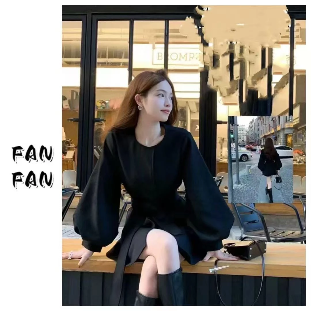 FANAFN【赫本黑千金】灯笼袖西装裙外套