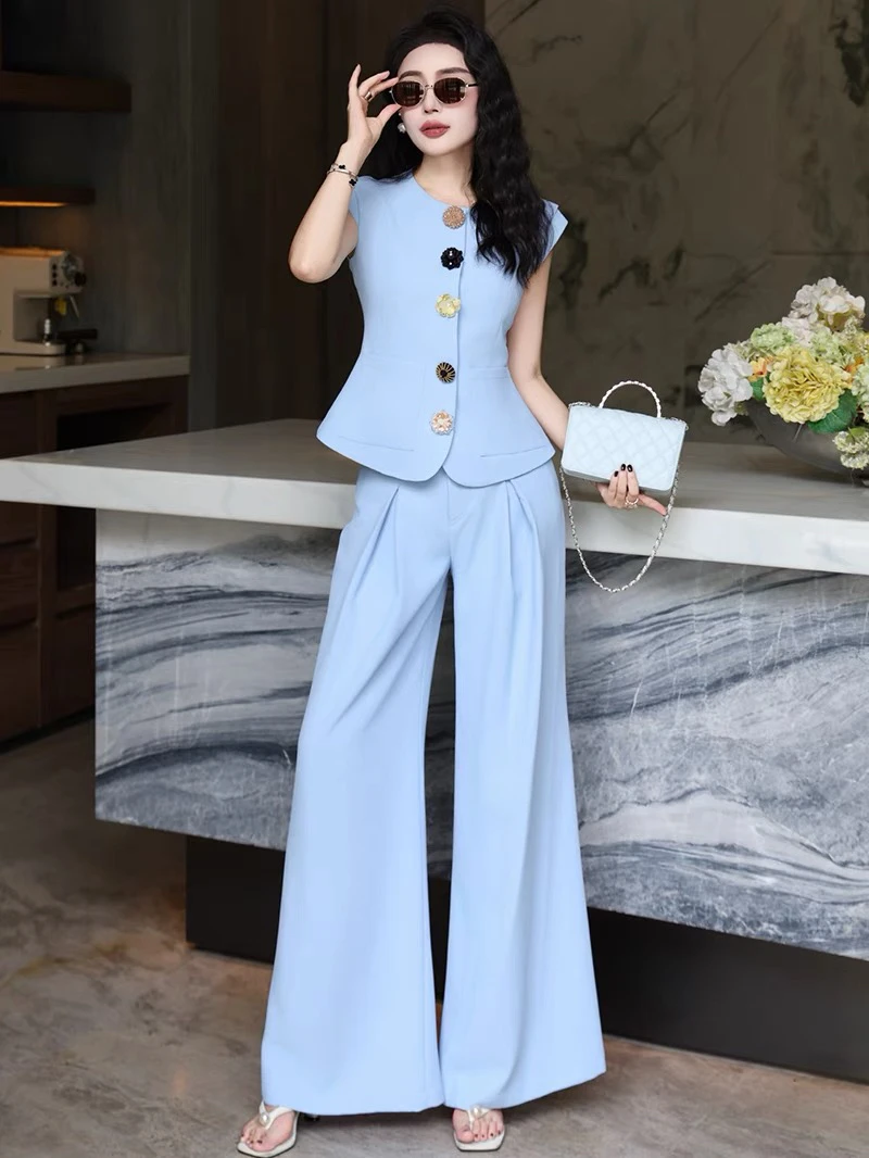 8679- 高级感金属大扣时尚御姐马甲女神套装轻熟阔腿裤修身两件套