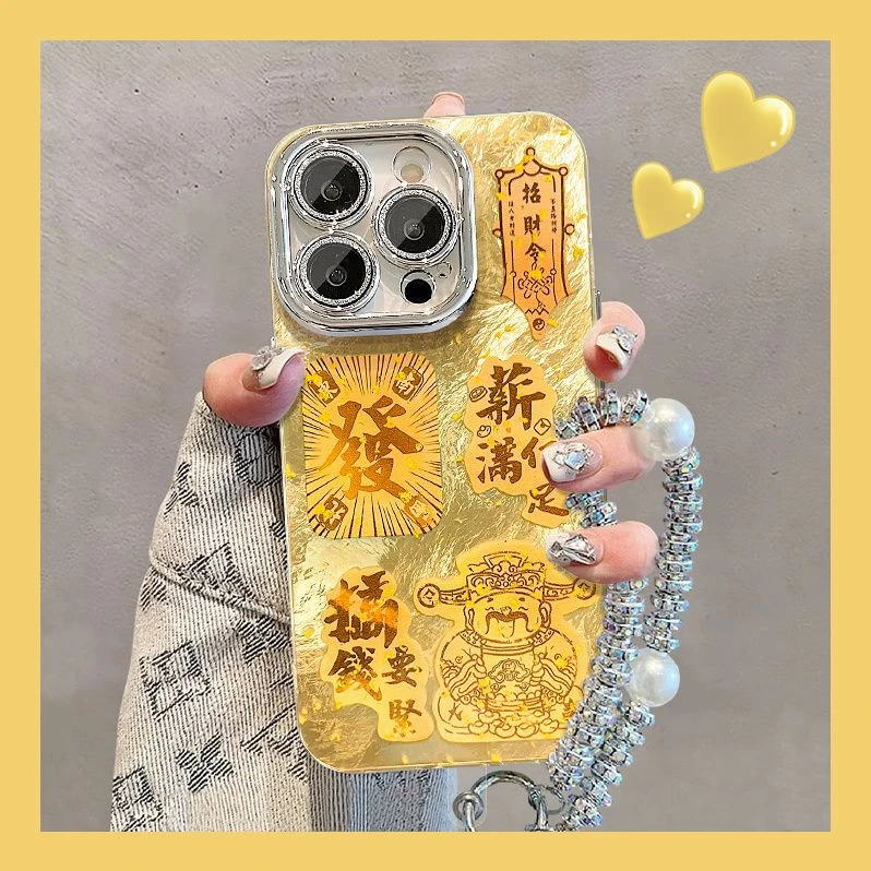 网红同款财神发适用苹果16promax手机壳ihon15新款14冰川纹精孔壳