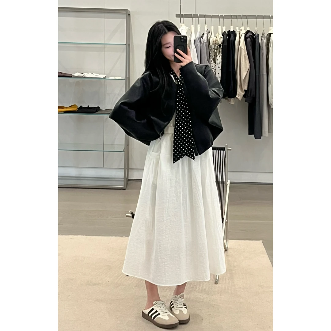 韩系设计感短款皮衣女2025早秋新款宽松休闲波点小飘带夹克上衣