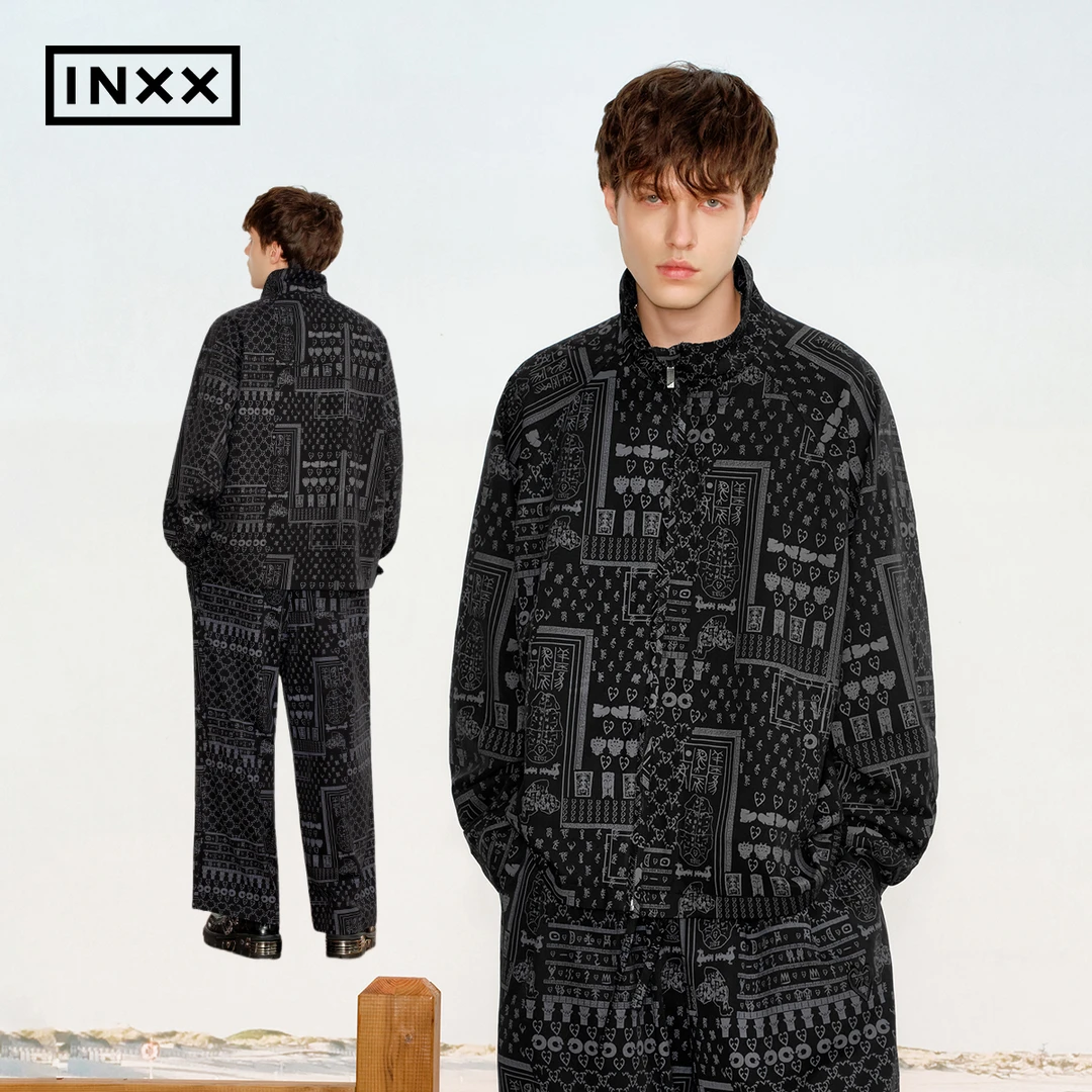 【INXX】美式复古外套满印甲骨文老化图案夹克男女同款XRF2140805