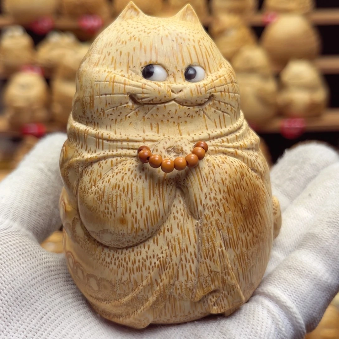 香榧木竹根雕猫咪手把件