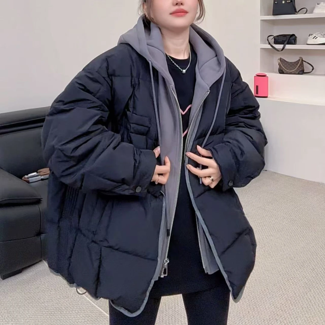 【郁儿严选】冬款2024新款韩版设计感假两件连帽拉链羽绒服外套