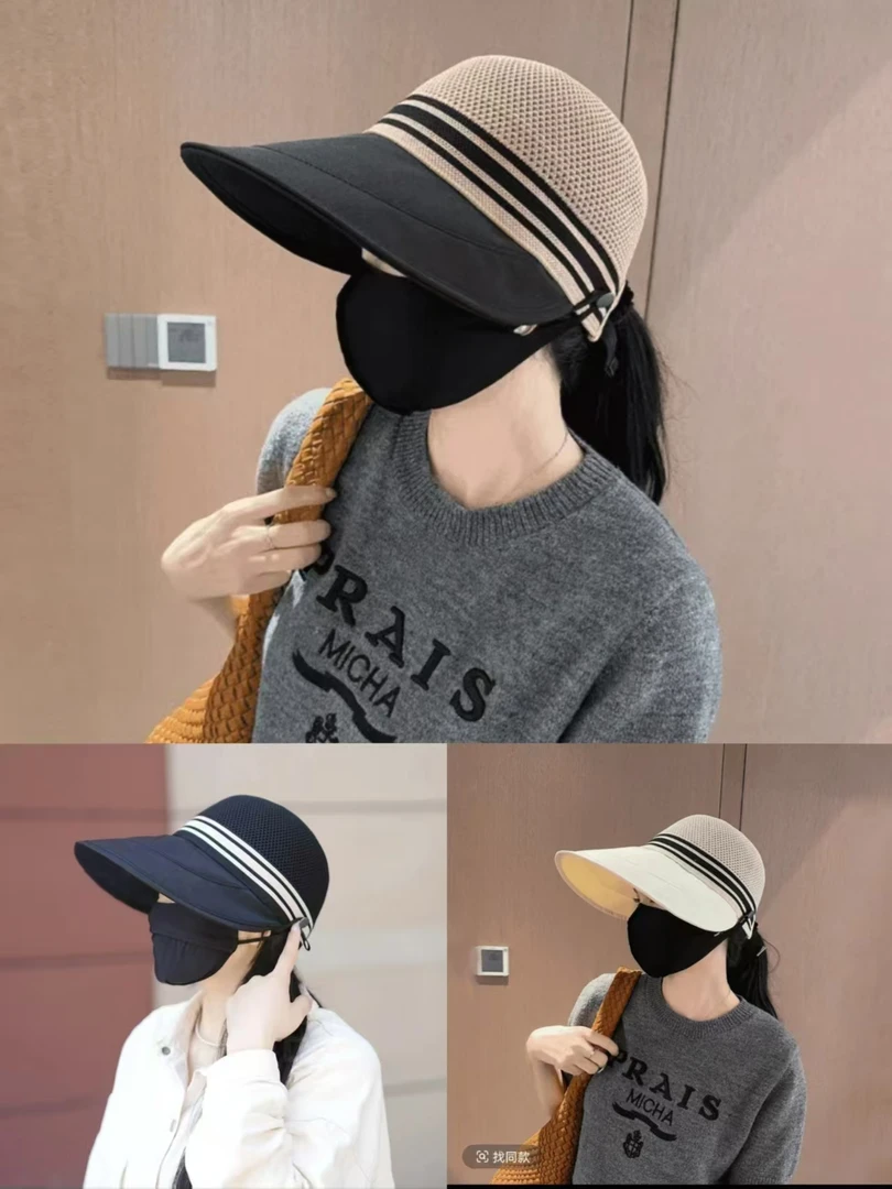女士夏季针织镂空透气大檐空顶沙滩遮脸防晒可挂口罩