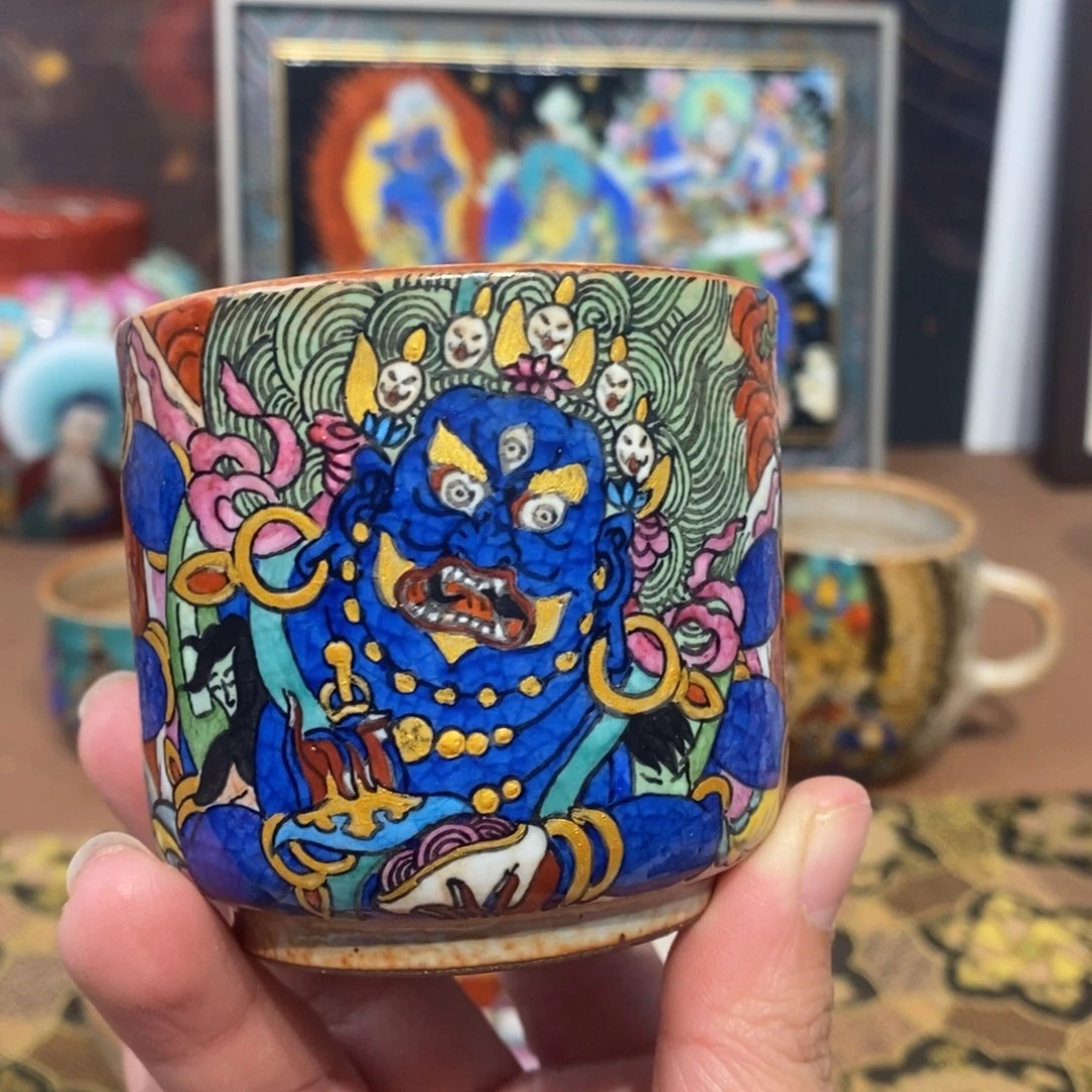 手工手绘六臂大黑天茶杯