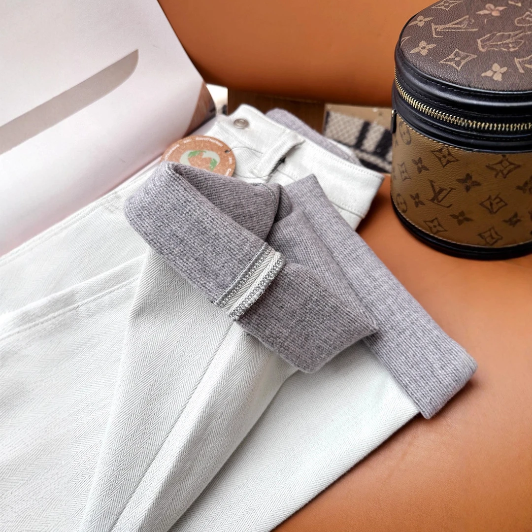 巨好看撞色一体绒~秋冬季窄版阔腿裤女加绒白色直筒牛仔裤G121004