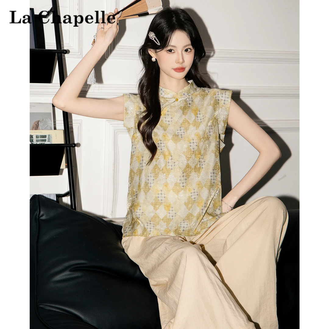 拉夏贝尔新中式国风盘扣扎染立领衬衫女2025夏季新款衬衣无袖上衣