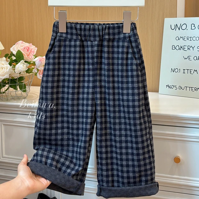 女童新款秋季百搭黑色格子休闲裤女宝宝韩版休闲时尚洋气直筒裤子