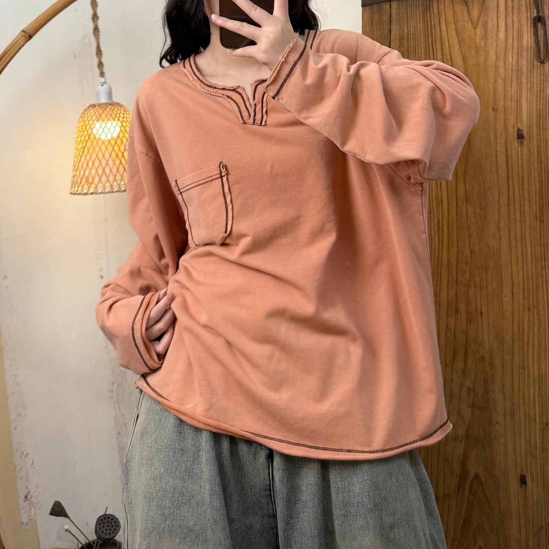 【半奏】春季新款炒色做旧毛圈针织棉套头卫衣女胸围128衣长69