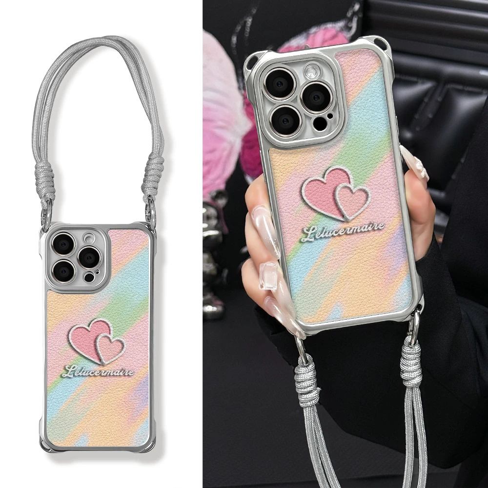 适用于苹果16华为OPPO小米VIVO新颖简约电镀四角挂绳手机壳YA0270