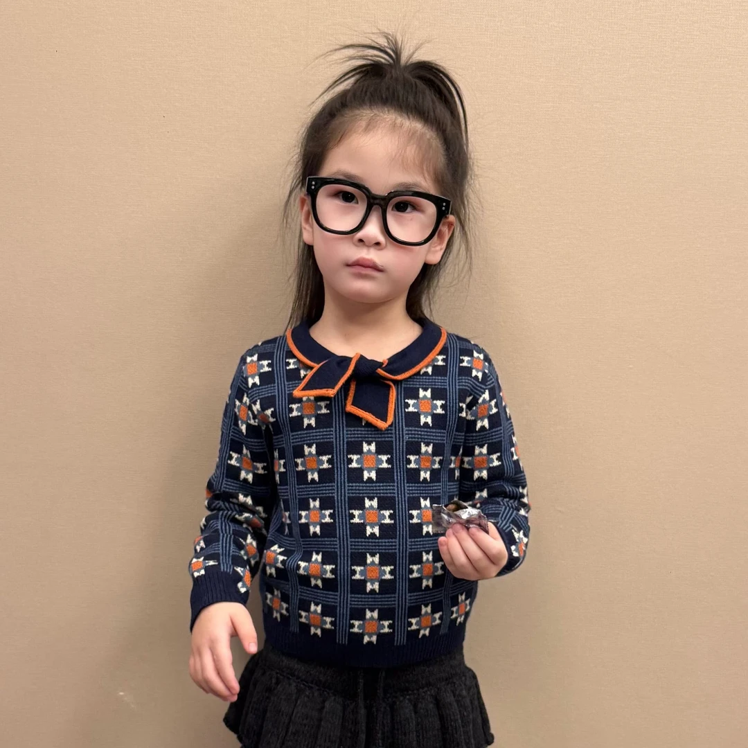 大金家儿童秋冬新款轻奢原风MP提花领结毛衣花纹针织长袖套头衫