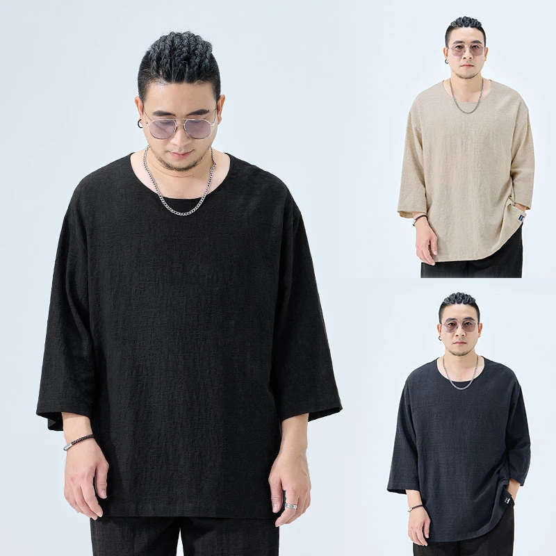 半墨【捡漏】大码男七分袖亚麻T恤男宽松中国风胖子棉麻体恤衫3146